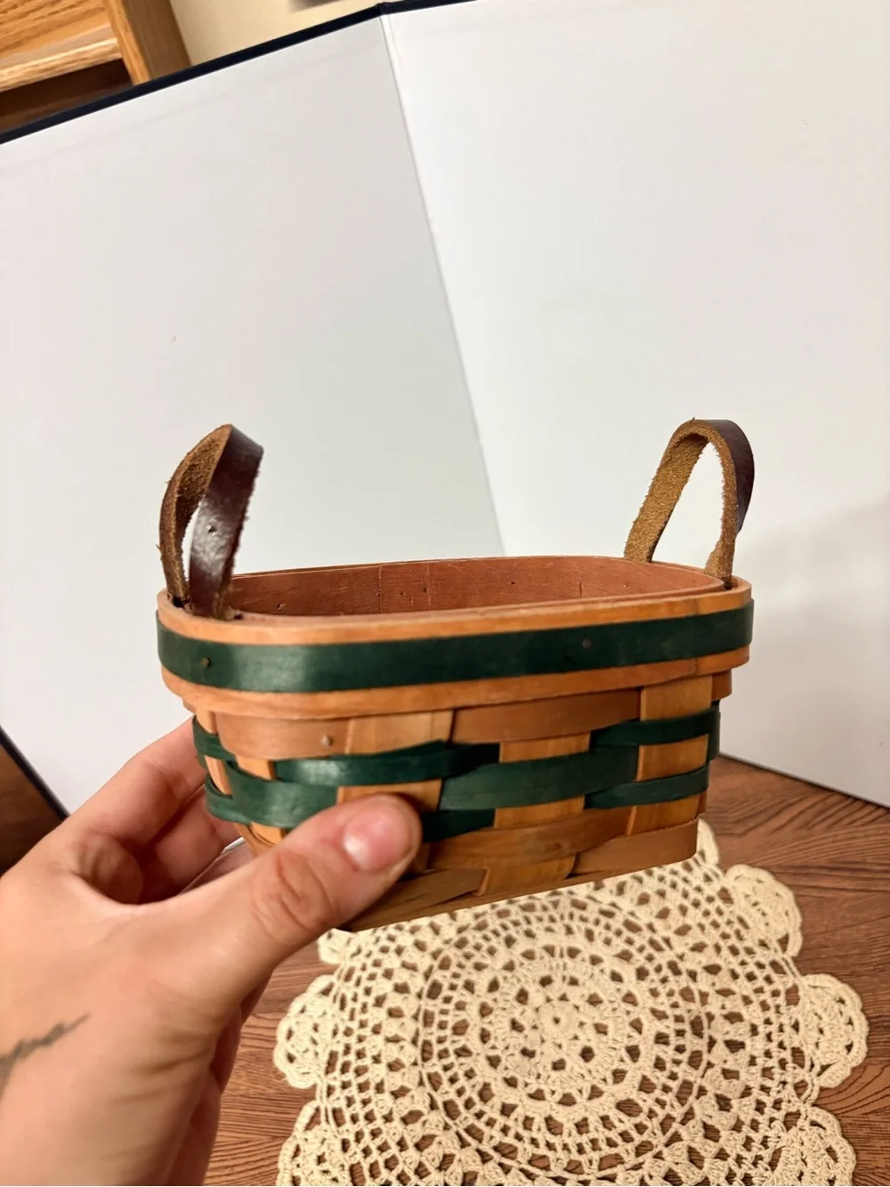 Vintage Green and Brown Woven Storage Basket with Leather Handles